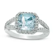 8.0mm Cushion-Cut Blue and White Topaz Frame Split Shank Ring in Sterling Silver