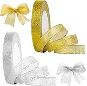 WELANE Organza Ribbon, 2 Roll Gold Silver Glitter Crafts Ribbons for Gift Wrapping, Holiday, Wedding, Party Decoration (2cm X 22m/Roll)