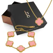 Boxed Pink Clover Necklace and Bracelet Set