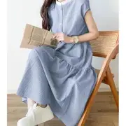 Cap-Sleeve Band Collar Button Midi A-Line Dress Stripes - Light Blue - One Size