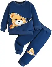 [Similotey] Baby Boy Outfit Set Bear Print Long Sleeve Sweatshirt + Pants Toddler Baby Boy Clothes, Blue, 12-18 Months