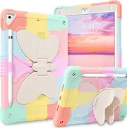 For Apple iPad 5th / 6th Gen / 9.7 2017 /2018 / Pro 9.7 / Air 1 / Air 2 Butterfly Fancy Shockproof Heavy Duty Kickstand Case Cover With Pencil Holder (Rainbow)