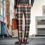 Men's Geometric Color Block Plaid / Check Dress Pants Mid Waist Casual Outdoor Home Dailywear Zipper Pocket Summer Spring Fall 3D Print Yellow Red Blue