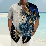 Men's Pattern Beach Shirt Button Up Shirt Short Sleeve Hawaiian Casual Vacation Daily Summer Spring Turndown Collared Shirts Button Up 3D Print Light Blue Blac