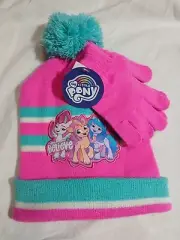 My Little Pony "Believe" Pink Blue Girls OSFM Winter Hat & Glove Set Knit Pom