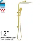 Square Twin 12" Large Shower Head Handheld Wall Rail Set Mixer/Taps Brushed Gold