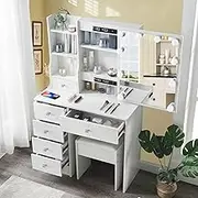 Vanity Desk with Mirror and Lights, Dressing Table with Lights and Stool, Vanity Table with 5 Drawers, Sliding Mirror White