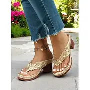 Women's Gold Floral Heeled Sandals – Embellished Open-Toe Platform Shoes for Ladies, Great for Garden Weddings, Spring Events and Resort Looks
