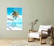 Paradise View Of Swing Hanging from A Palm Tree on Beach Premium Quality Poster