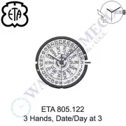 Genuine ETA 805.122 Watch Movement Swiss 3 Hands, Date/Day at 3