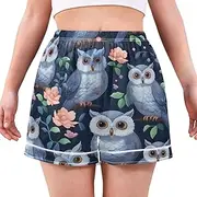 [RPLIFE] Ladies Pyjamas Shorts with Owls and Flowers Design, Soft and Comfortable