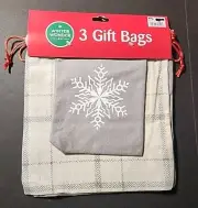 3 Pack-Canvas Sack Cloth Gift Bags With Drawstring-Silver Christmas/Winter Theme
