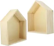 ERINGOGO 2pcs House Shape Wooden Wall Shelf Rustic Rack for Bedroom Living Room Office Space-Saving Natural Home Decor Functional Storage for Toys and Decorative Items