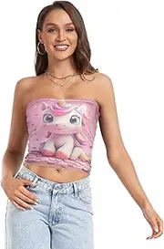 [RPLIFE] Cute Cartoon Unicon Tube Top Strapless Crop Top, Mesh Tube Tops, Tube Tops for Women Summer (S)