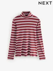 Red Berry/White Ecru Long Sleeve Ribbed Roll Neck Top (B24506) | $29