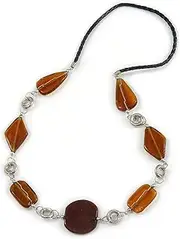 [Avalaya] Brown Ceramic and Silver Tone Wire Element Black Faux Leather Cord Necklace - 76cm L, One Size, ceramic Faux Leather