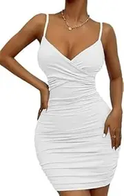 [Generic] Women's Sexy Spaghetti Strap V Neck Ruched Bodycon Wrap Cocktail Club Party Mini Dress