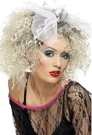Smiffy's Women's Short Blonde Curly Wig with Bow, 80's Wild Child Wig, One Size, 42031