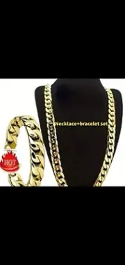 18k Gold Plated Cuban Link Chain Necklace + Bracelet Set 6mm Thick 26"inch