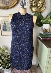 Kensie NWT Black Blue Peacock Feather Stretch Mock Neck Sleeveless Dress Sz S