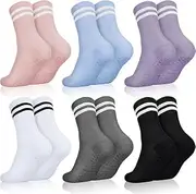 [YIHFTE] 6 PCS Pilates Socks Yoga Socks with Grips for Women Non Slip Athletic Crew Socks for Ballet Dance Workout Fitness Running Pregnant Elder