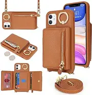 for iPhone 11 Crossbody Case with Card Holders Money Slots Zipper Coin Purse Rotatable Ring Kickstand Cover Wristlet Strap Lanyard Litchi Leather Wallet Flip Cover for iPhone11 Brown