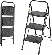 Jocauto 3 Step Ladder, 3 Step Stool with Wide Anti-Slip Pedal, Step Ladder Folding Step Stool for Adults, Portable ladders for Home Kitchen,Black