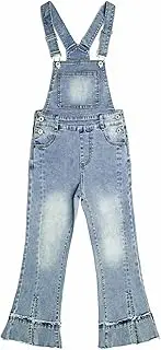 [Kidscool Space] Girls Denim Overalls,2 Layers Raw Edge Hem Squared Pockets Jean Dungarees Pants,Light Blue,6-7 Years