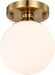 Gold Semi Flush Mount Ceiling Light 15cm Globe Opal Glass Shade Mid Century Modern Hallway Light Fixture for Entryway Closet Bathroom Bedroom Laundry Room Easy Install