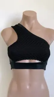 Schminke Fishnet dance UV one shoulder sling mod. crop top net mesh polewear