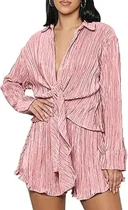 [OPOIPIN] Women's 2 Pieces Outfits Pleated Deep V Neck Tie Front Long Sleeve Blouse with Shorts