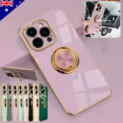 For iPhone 16 15 14 13 12 Pro Max Shockproof Case Ring Stand Plating Soft Cover