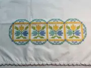 Pillowcases Tulips Flowers Hand Embroidered Hand Crochet Edge Cross Stitch