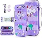 FUNDIARY Cute Cool Penguin Carrying Case for Nintendo Switch OLED, Purple Portable Travel Case for Switch Console & Joycon with Dockable PC Cover Skin, Screen Protector & 2 Thumb Caps - Musical Party