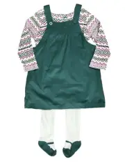 Carter Baby Girl 3 Piece Green Corduroy Jumper Long Sleeve Shirt Tights Size 12M