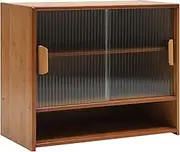 Small Storage Cabinet, Bamboo Kitchen Pantry Sideboard with 2 Sliding Striped Glass Doors,Countertop Storage Cabinet for Spice Seasoning Bottles,Dish,Bowl,Console Dining Cupboard,Countertop Cabinet