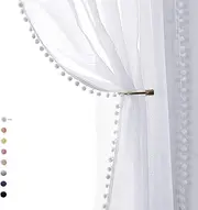 Pom-Pom Sheer White Curtains Extra Long 108-inch for Living Room, Slub Linen Textured White Sheer Window Drapes for Bedroom 2 Pack 52" w