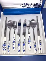 White w/Blue Porcelain Handle Set of Two Knives - Forks - Spoons - Chop Sticks