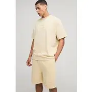 Mens Yellow Oversized Peached BM Star Embossed T-Shirt & Drop Crotch Shorts Set