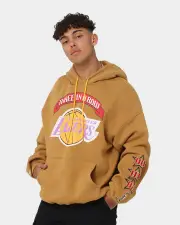 [MITCHELL & NESS] Mitchell & Ness Los Angeles Lakers 3-peat Hoodie Bone Brown - Size M M Bone Brown