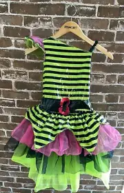 GIRLS COSTUME WHIMSY WITCH MEDIUM 6-8 STRIPED GREEN BLACK PINK TULLE HALLOWEEN