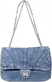 [Ausing] Woman Casual Denim Tote Bag Soft Crossbody Bag Y2K Chain Straps Bags Stylish Shoulder Handbags Large Hobo Handbag