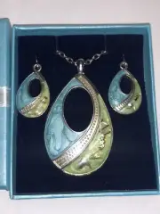 Teardrop Pendant Necklace Earrings Set Blue & Green Enamel Silver New In Box