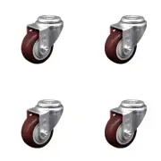 3.5 Inch Maroon Polyurethane Wheel Swivel Bolt Hole Caster Set Service Caster