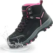 [Kezhiho] Waterproof Steel Toe Boots for Women Wide Width Non Slip Work Boots Lightweight Slip Resistant Safety Shoes Indestructible Construction Composite Toe Sneakers, Pink, 8
