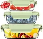 3 Pack Glass Food Storage Containers Airtight Leakproof Meal Prep Lids