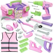 Kids Tool Set with Electric Toy Drill Tool Box for Girls, Pink Toddler Tool S...