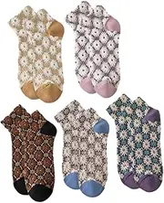 [WOFASHPURET] 5 Pair Women's Vintage Crew Socks Flower Pattern Ankle Socks Cotton Comfortable Short Socks for Spring