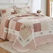SahSahCasa 120"x120" 100% Cotton Oversized California King Patchwork Bedspread Coverlet Quilt Set, Floral Cal King Quilted Bedspread Extra Large Quilt, XL Bed Spread Lightweight Comforter, Pink/Cream