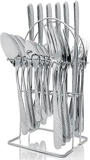 Silverware Set, 24 Pieces Flatware with Silverware Holder, Stainless Steel Knives and Forks and Spoons Cutlery Set Service for 6, Kitchen Utensil Tableware Set with Antiskid Handle (Silver)